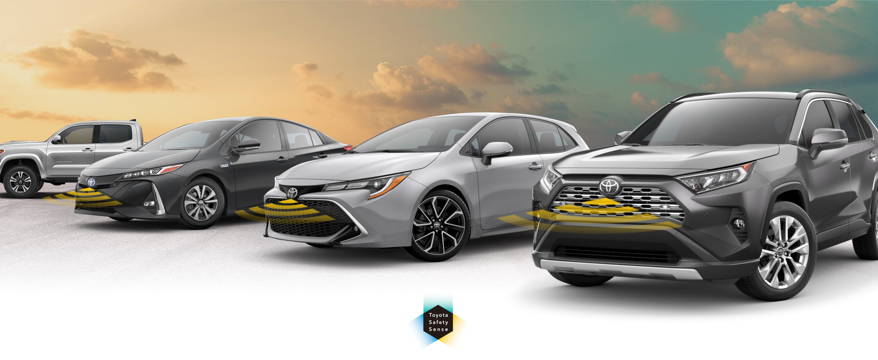 Toyota Safety Sense: Designed for Safety. Options shown on Toyota models including RAV4, Tacoma, and Camry, available now at Universal Toyota in San Antonio TX.