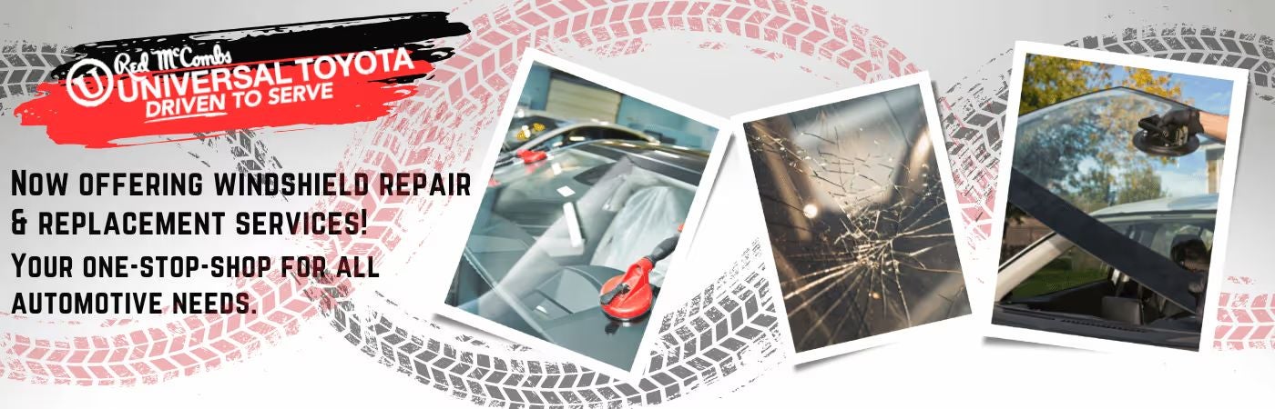 Windshield repair and replacement service banner with cracked and fixed glass visuals